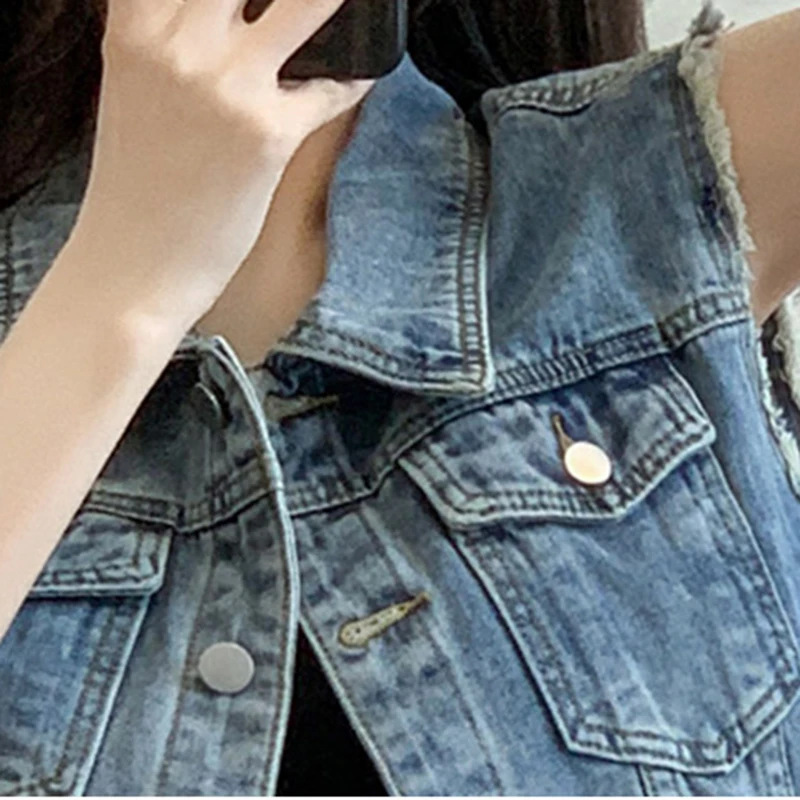 American Retro Sleeveless Vest Jeans Tops Woman 2024 Summer Steetwear Short Denim Waistcoat With Tassels