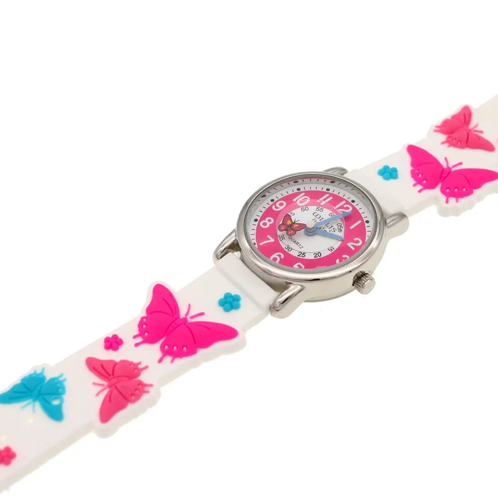 3D Butterfly Girls Watch Kids Rubber Quartz Waterproof Easy Read Analog Timepiece