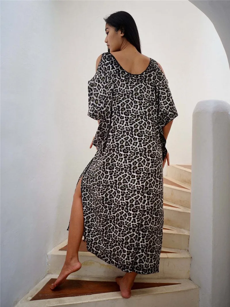 New Women Leopard Bikini Cover Up Long Kaftan Drop Shoulder Maxi Dress Women Summer Beach Wear Swim Suit Cover Ups