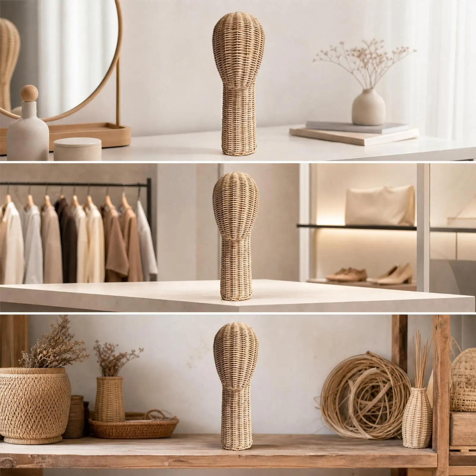 Rattan Hat Display Mannequin Head Wicker Bust Form Stand with Neck Base for Shop Counter Presentation and Home Decor