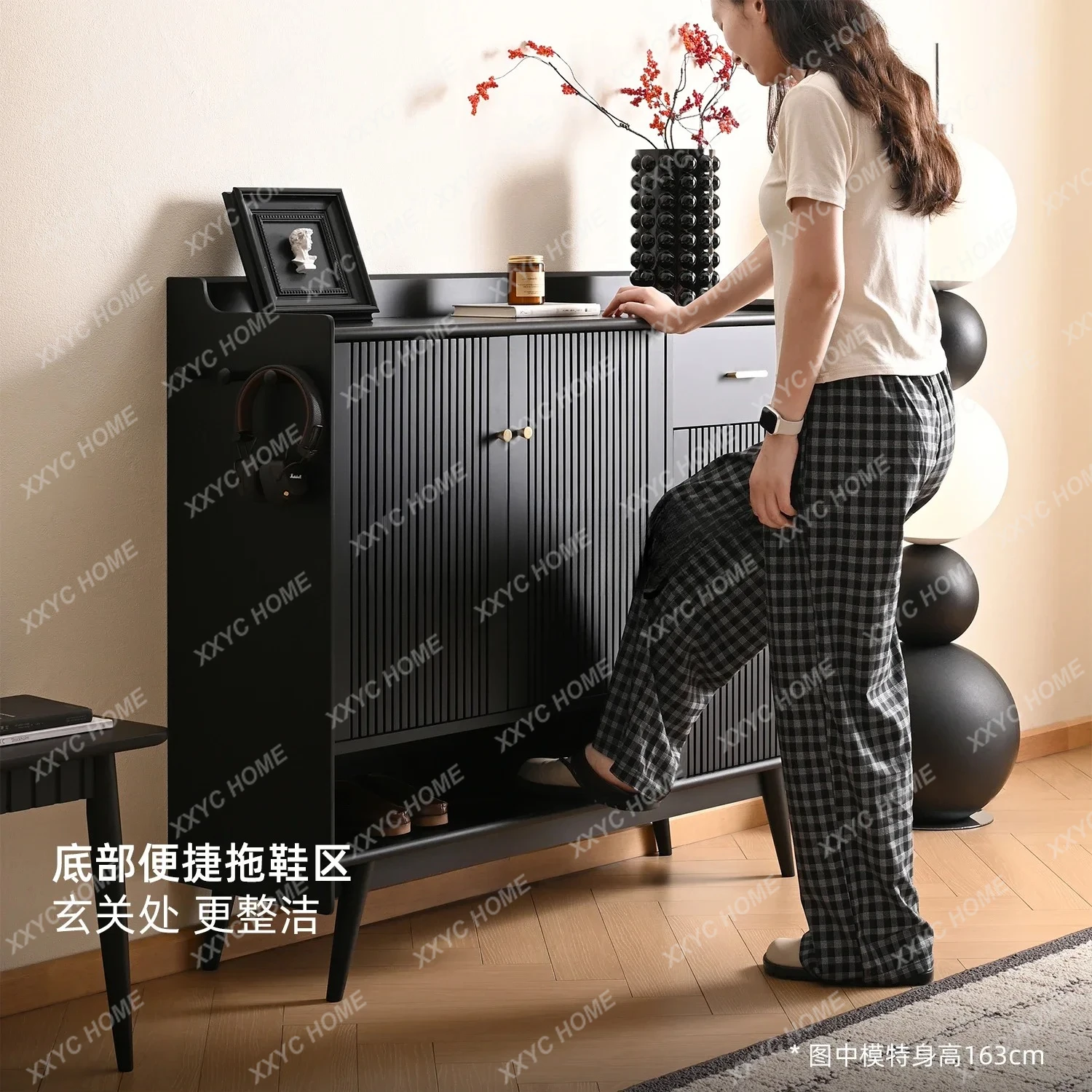 XX L Solid wood shoe cabinet, simple and modern small apartment grid foyer, large-capacity door
