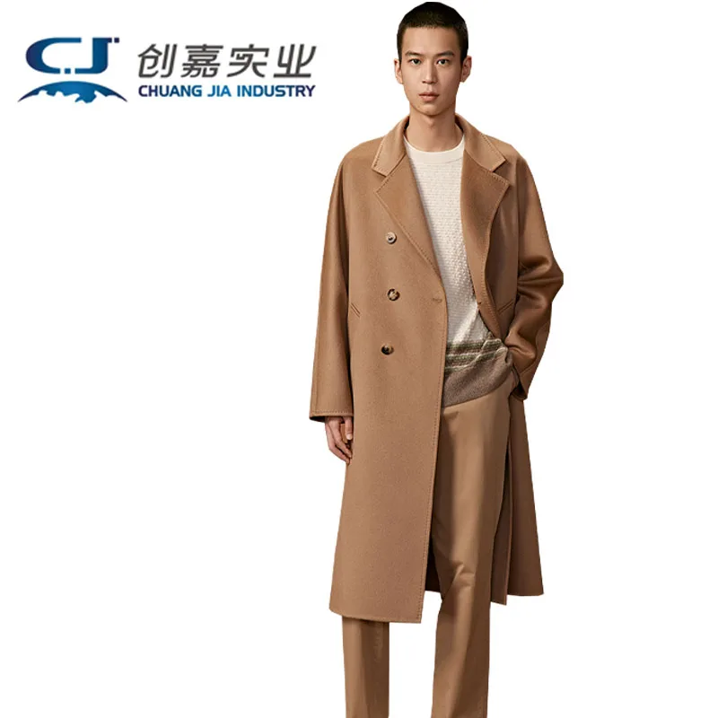 Luxury Autumn Winter Men's Double-sided Cashmere Camel Long Double-breasted Elegant Noble Coat Soft Luster Classic Men's Wear