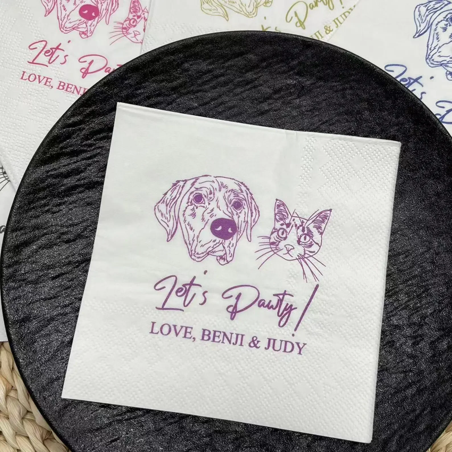 50pcs Custom Dog Napkins, Let's pawty Napkins, Cat Wedding Napkin, Illustrated Pet Portrait Napkin, Cocktail Napkin, Birthday Na