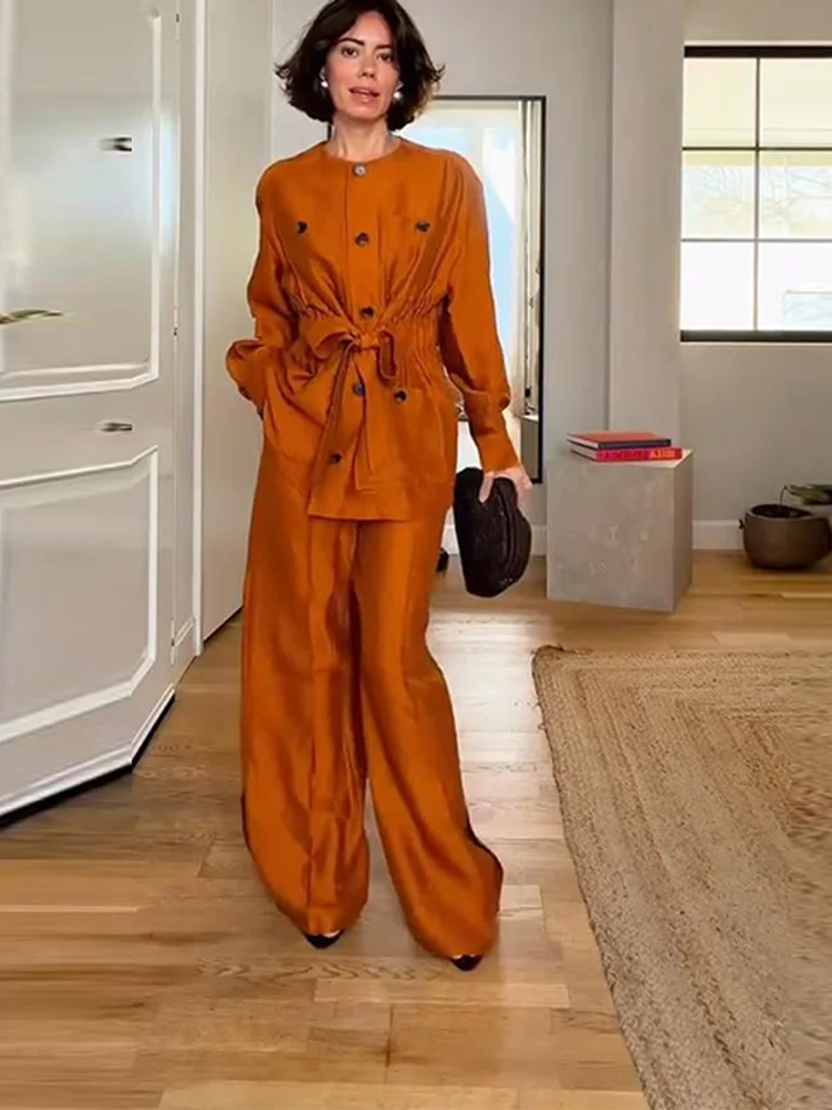 O-Ausschnitt, Schnürung, Multi-Pocket-Cargo-Mäntel, Hosenanzüge, Damen, sportlich, langärmlig, einreihig, schmale Oberteile, Hosen mit weitem Bein, Outfits – Detail 12