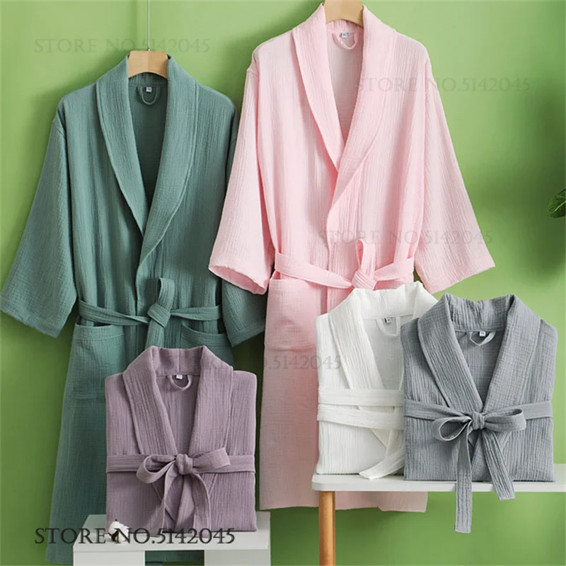 

Double Layer Cotton Gauze Sleep Robe Comfortable Solid Colour Kimono Bathrobe Gown Couple Nightwear Homewear Loose Loungewear