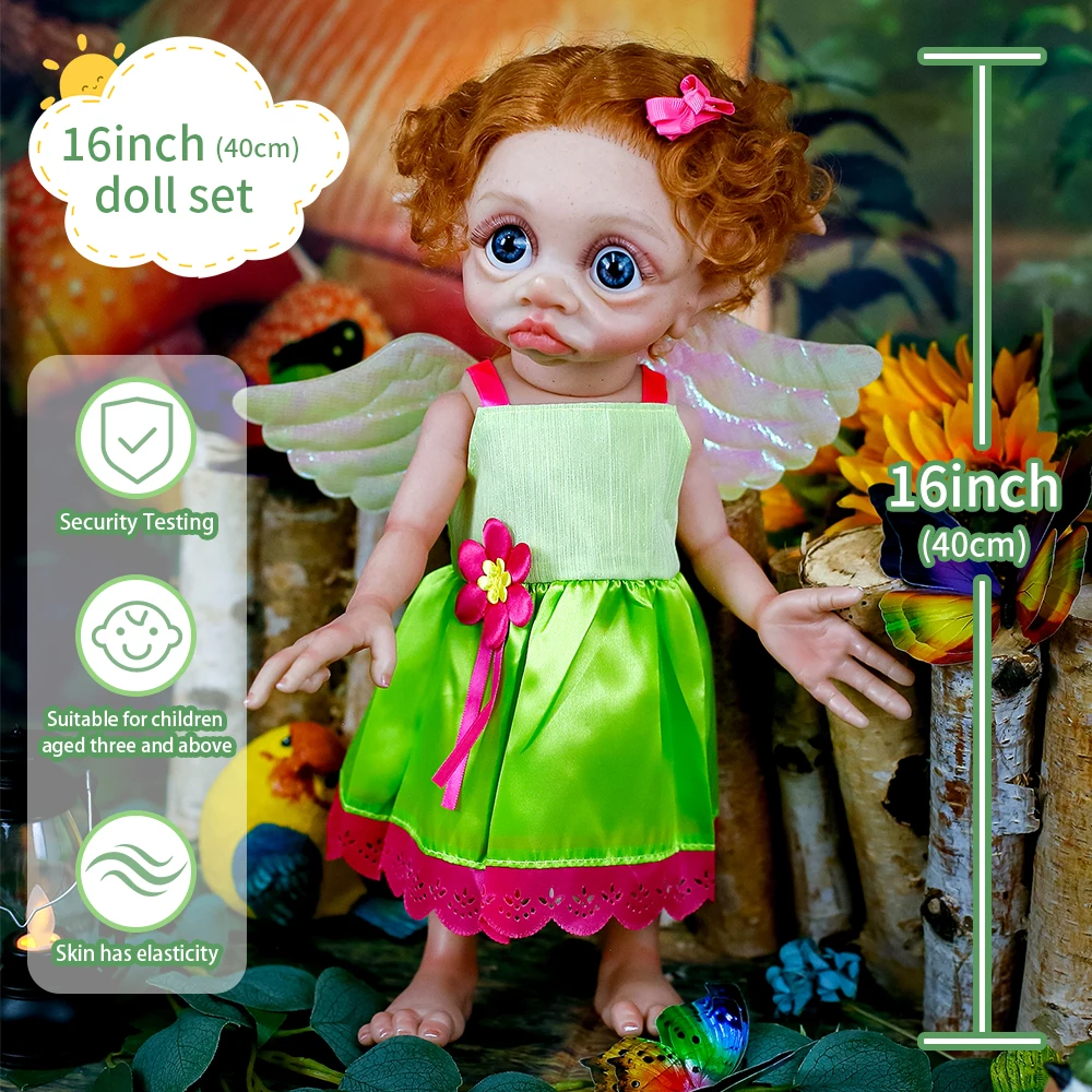 Muñeca impermeable de bebé Reborn de 40CM, Hada Tinky, elfo, cuerpo de silicona de vinilo suave completo con pelo enraizado, muñeca artística coleccionable