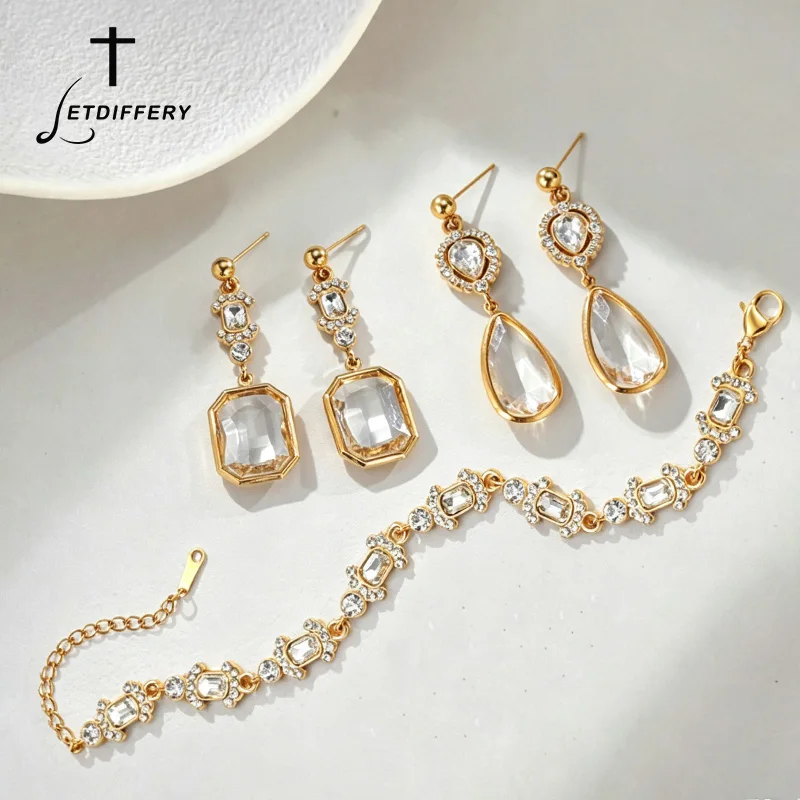 Letdiffery Vintage Square Crystal Earring Bracelet for Women Stainless Steel Luxury Rhinestone Necklace Set Bridal Wedding Gift