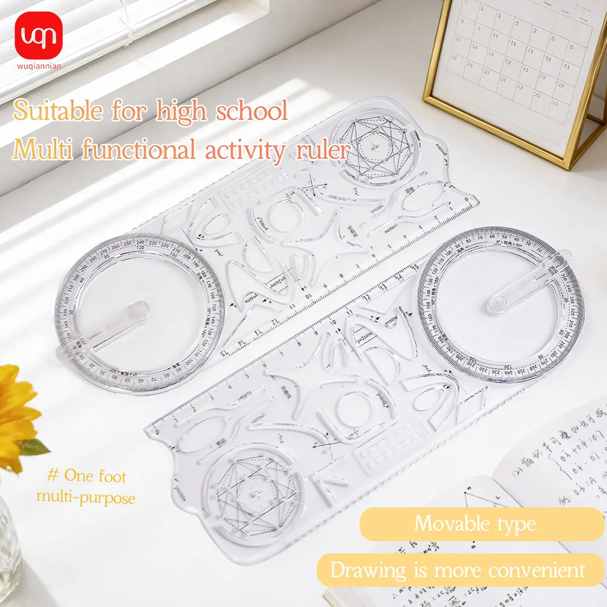 360° Multi Functional Math Function Geometric Drawing Ruler High School Student Drafting Template Stationery