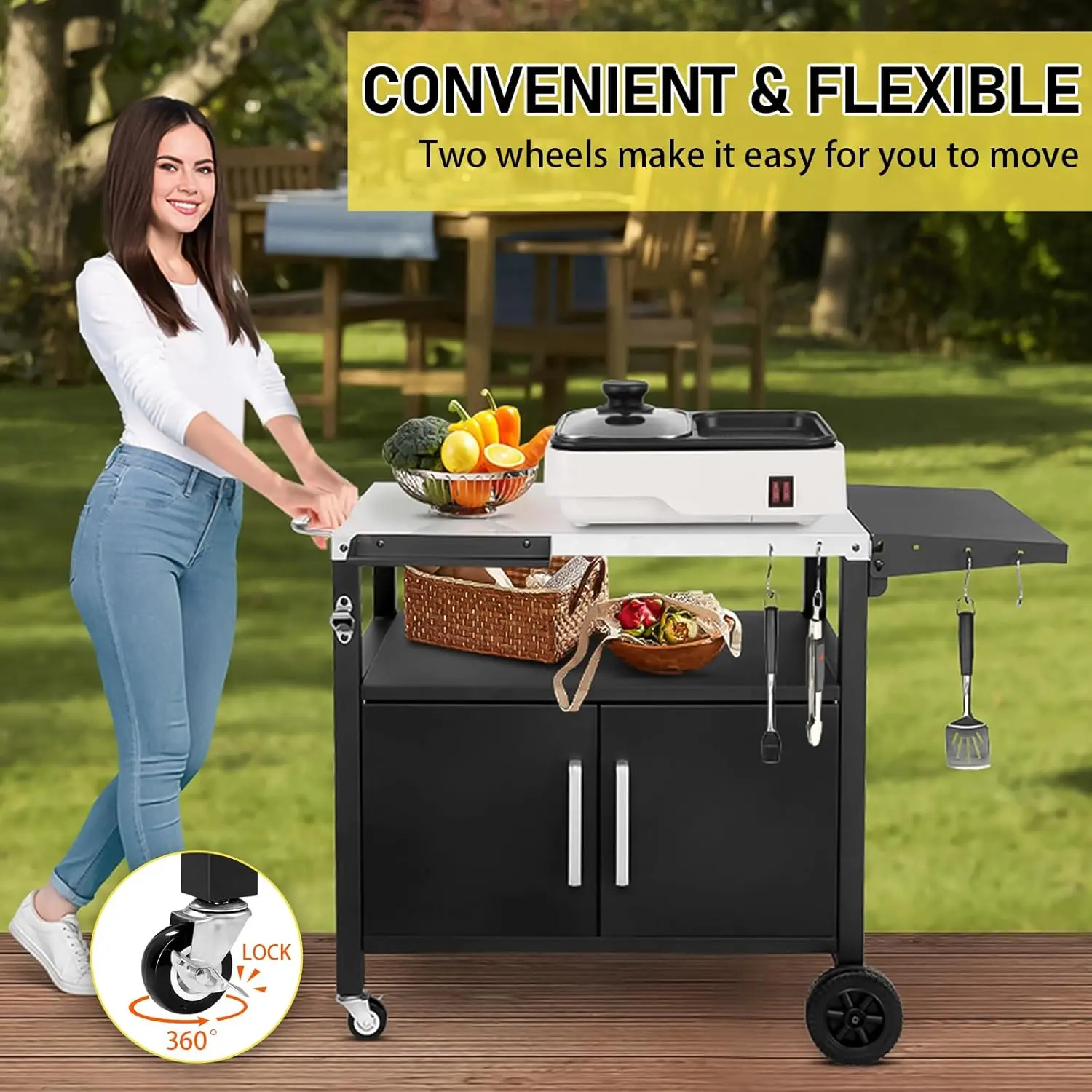 Outdoor Grill Cart with Storage, Bar Patio Kitchen Island Outdoor Grill Table, BBQ Cart Movable Pizza Oven Table Stand