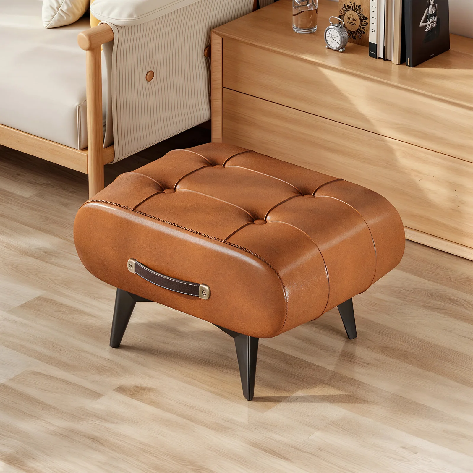 

Vintage Waxed Leather Entryway Bench, Luxury Leather Ottoman, Multifunctional Sofa Side Table, Modern Minimalist Hall Stool, Bed