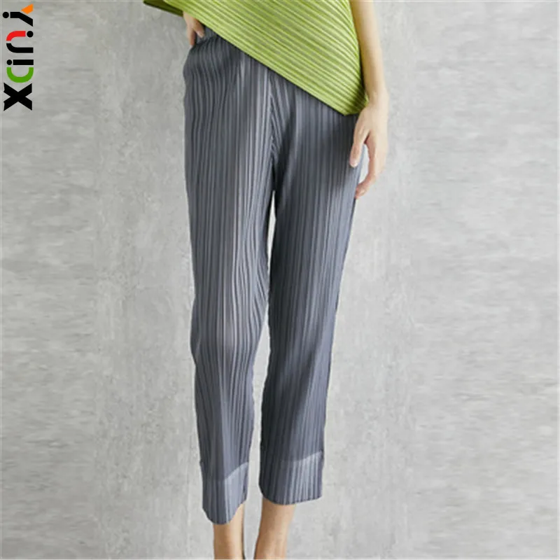 

YUDX Miyake Pleated Fashion New Cropped Trousers Solid Color Large Size Slim Fit Urban Casual Pants Split Pants Women's Pants