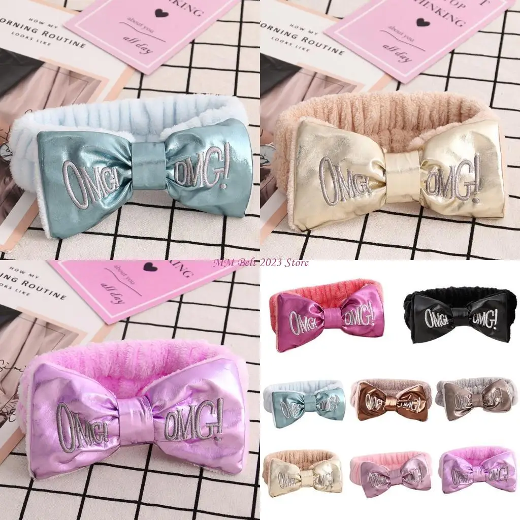 

49ME Letters Embroidery Faux Leather Bowknot Wide Hairband Face Wash Makeup