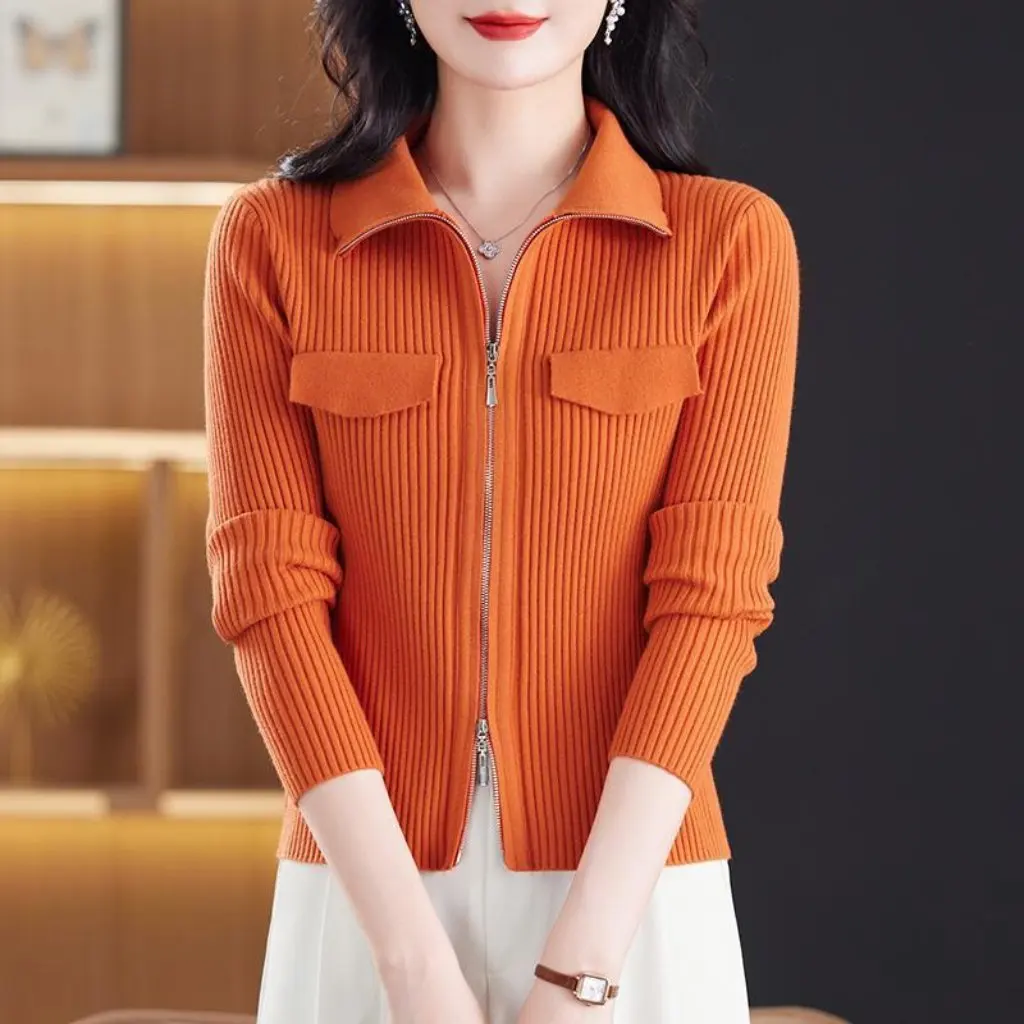 

Elegant Zipper Short Knitted Cardigan Sweater High-End Fashion Korean-Style All-Match Jacket Top for Spring