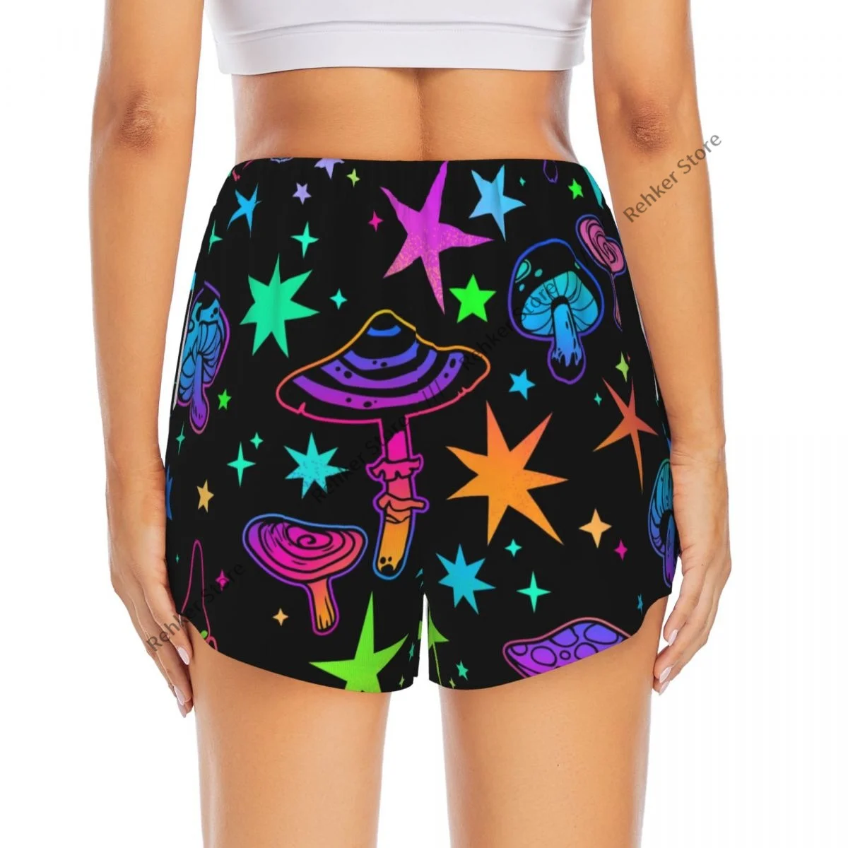 Pantalones cortos deportivos de secado rápido de doble capa para mujer con estrellas y setas psicodélicas para ocio al aire libre, correr, entrenamiento, deporte