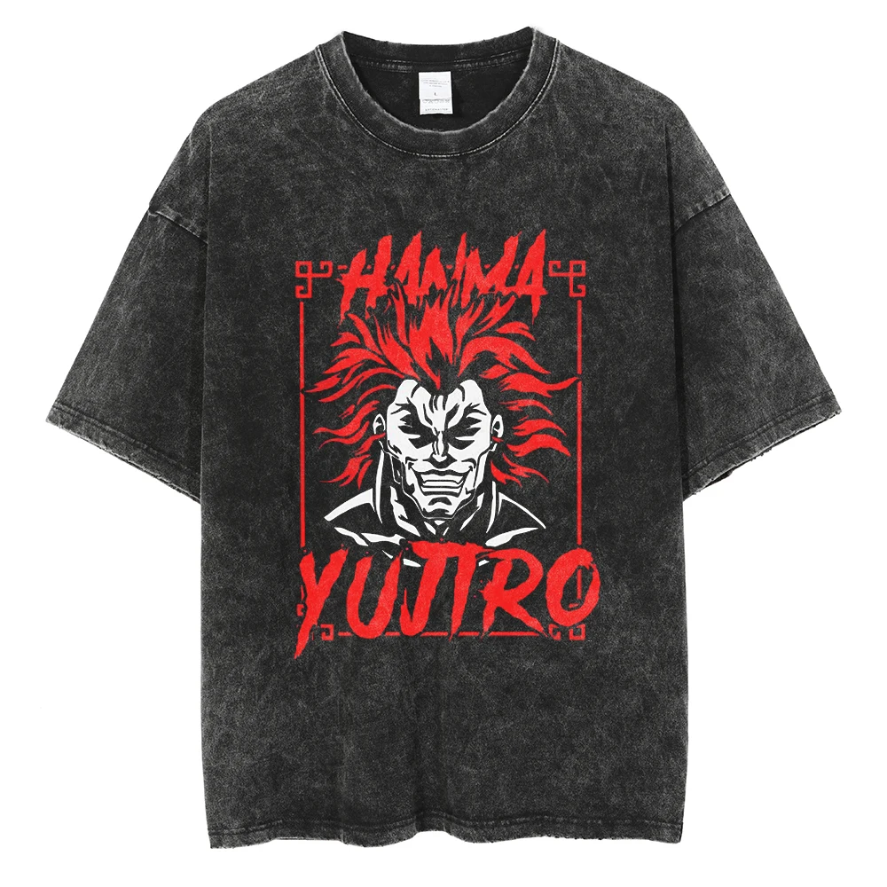 Baki Manga Printed Streetwear Men Hanma Yujiro Washed Vintage T Shirt Anime Graphic Print T-shirt Harajuku Cotton Tee Tops