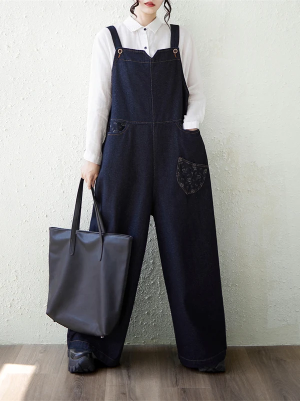 Retro Wide Leg Overalls Women's Loose Fit Denim Versatile High Waist Cotton Casual Trousers Autumn Winter New Style