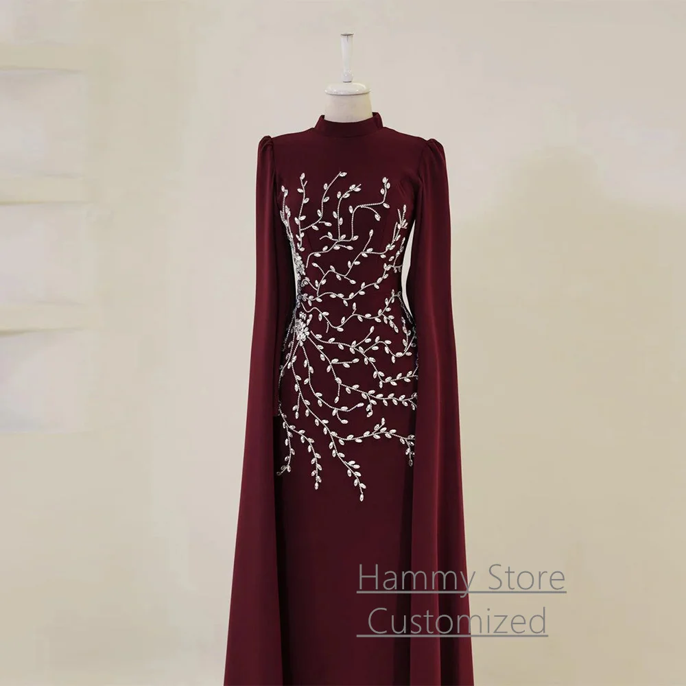 Fashion Burgundy Prom Dress Customized High Neck Long Sleeves Crystal Beading Arabian Party Gown Dancing Evening Dresses