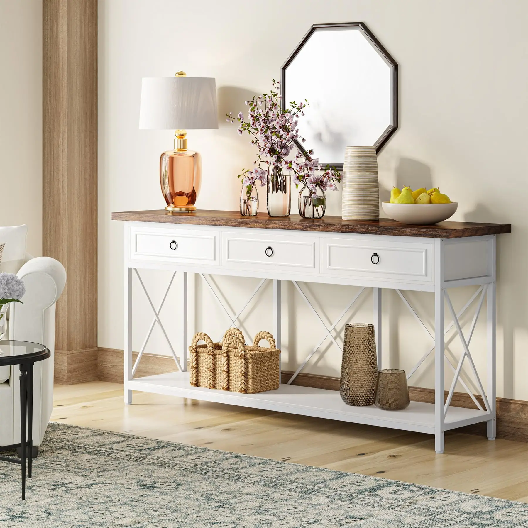# 180cm Farmhouse Console Table 3 Drawers Storage Shelf Narrow Entryway Hallway Foyer Behind Couch Sofa Table White Brown