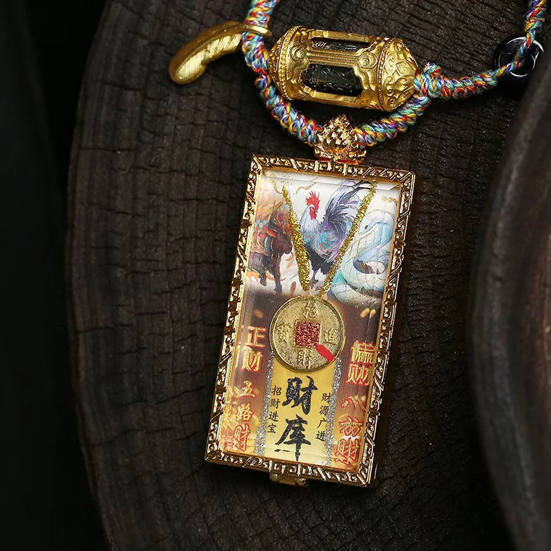 Tibetan-style painting thangka Buddha pendant sweater chain Tai Sui God of Wealth amulet woven rope necklace