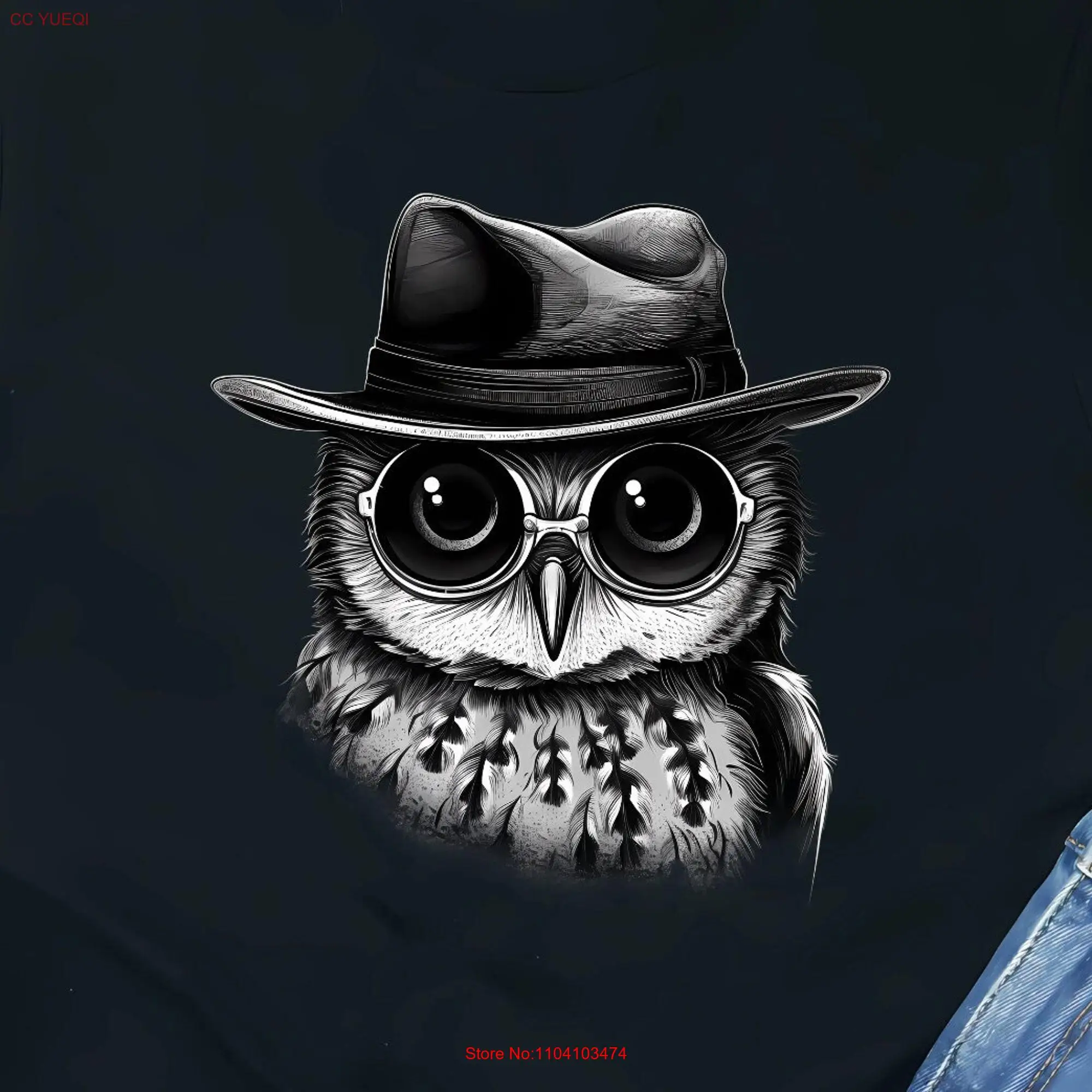 Black and White Owl with Hat Sunglasses T Shirt Cute Animal Lover Birding Ornithologist Study Birds long or short sleeves