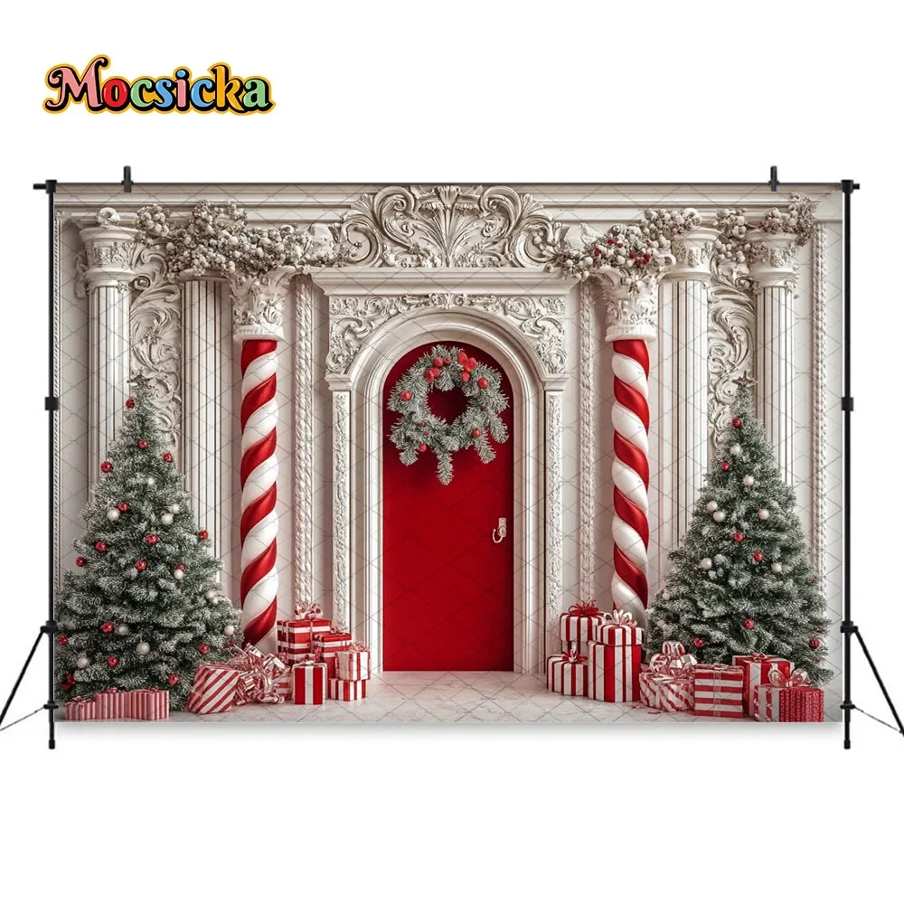 Mocsicka الأحمر عيد الميلاد حلوى قصب قصر خلفية التصوير الفوتوغرافي شجرة عيد الميلاد هدية الباب خلفية الشتاء الاطفال عيد ميلاد استوديو الصور