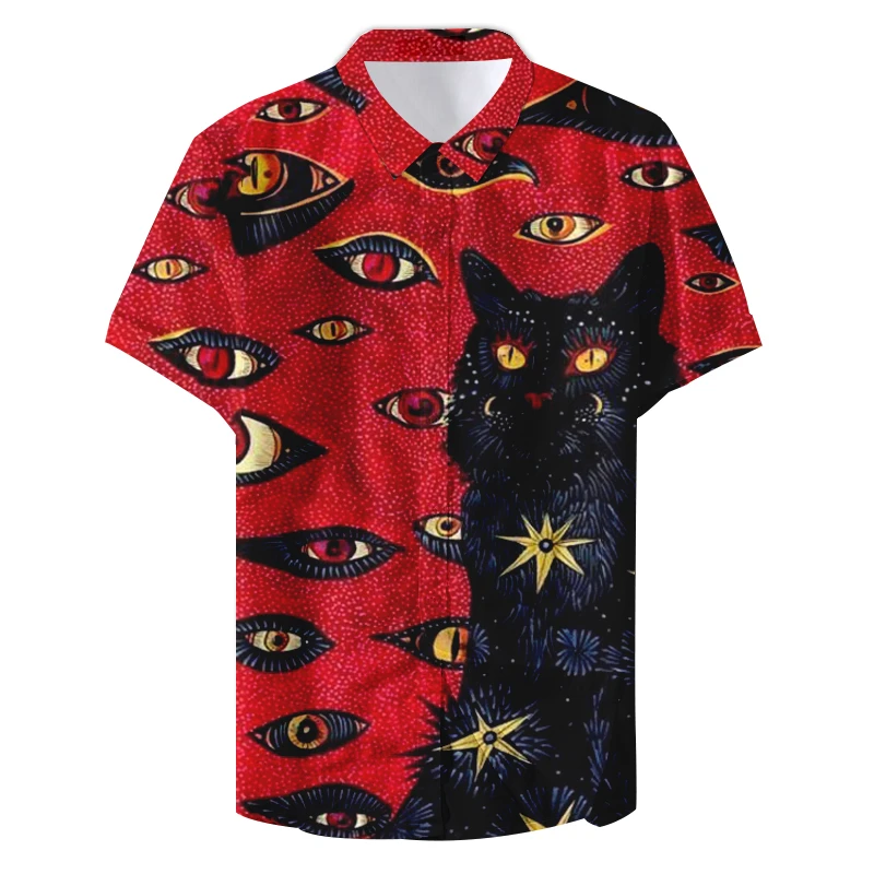 Chemise à Revers à Manches Courtes avec Motif de Chat Imprimé en 3D pour Homme, Vêtement de Personnalité avec Yeux d'Horreur, à la Mode, pour Halloween