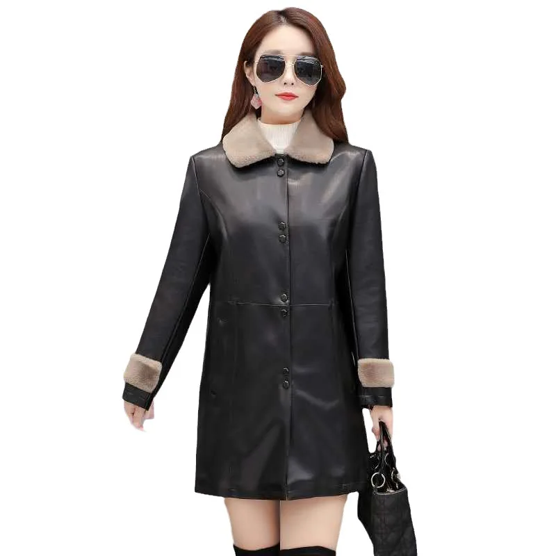 New Women's Faux Leather Coat With Fur Collar Mid Length Long Sleeve Stylish Slim Fit Comfortable Trendy Versatile Commuter Coat 4