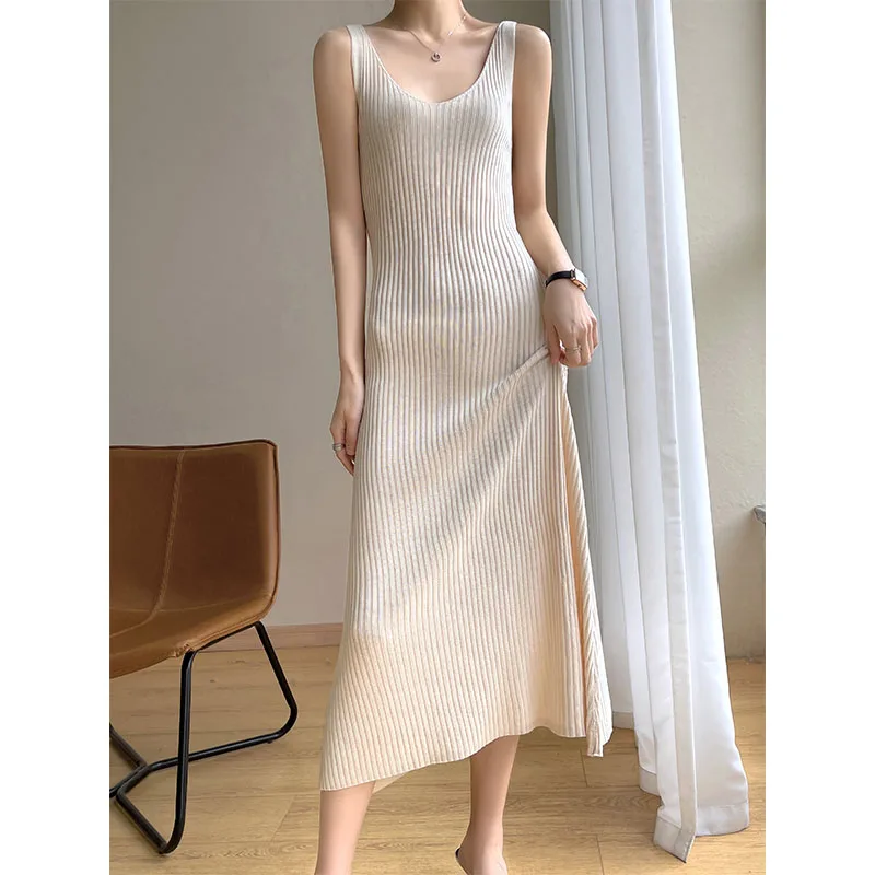

Knitted Dresses Big V-neck Summer Women's Knit Sleeveless Dress Chic Simple Casual Dress Women Vest Spaghetti Strap Long Dress