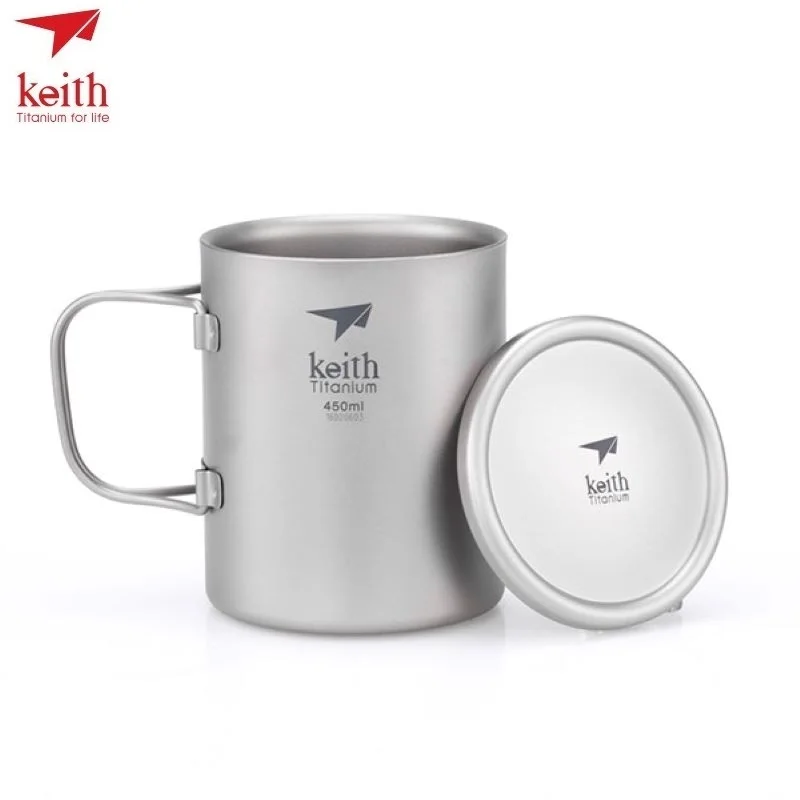 Keith Pure Titanium Cup Folding Handle Double Wall Water Mugs Camping Travel Hiking Cups With Titanium Lid 450 ml