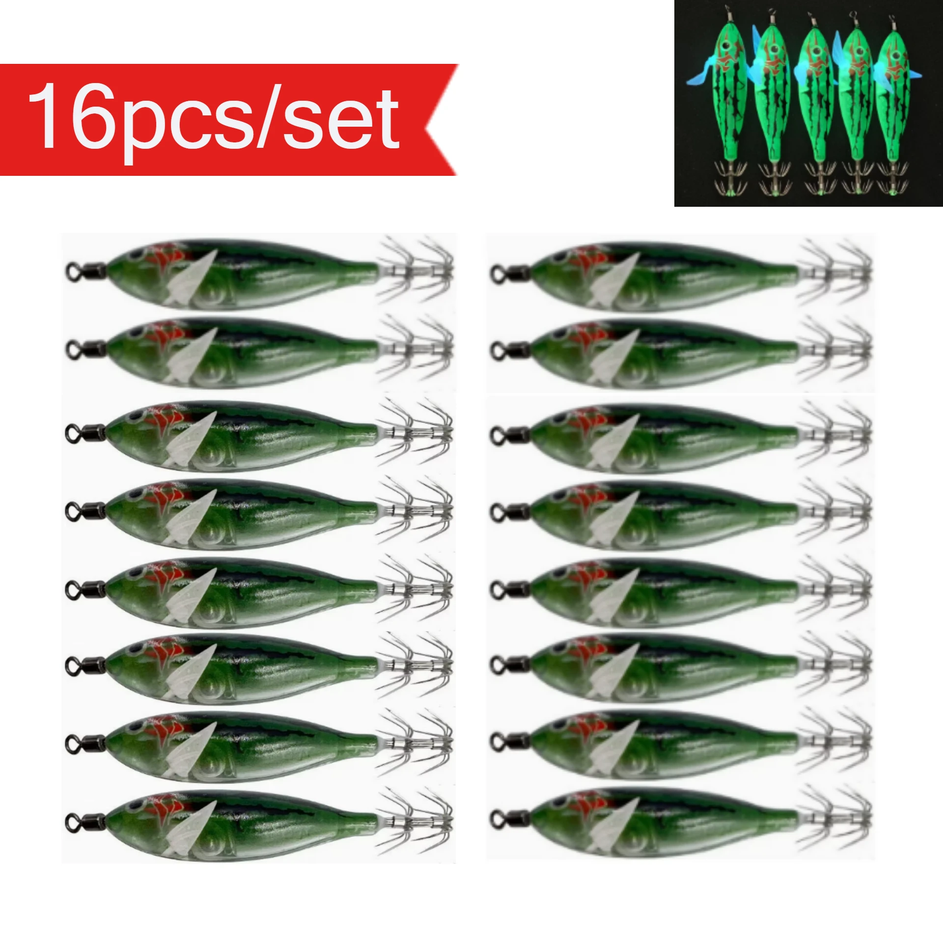 16pcs/set Luminous Squid Jig 8cm/ 5.7g Shrimp Fishing Lures Hook Sea Fishing Accessories Artificial Bait Octopus Lure