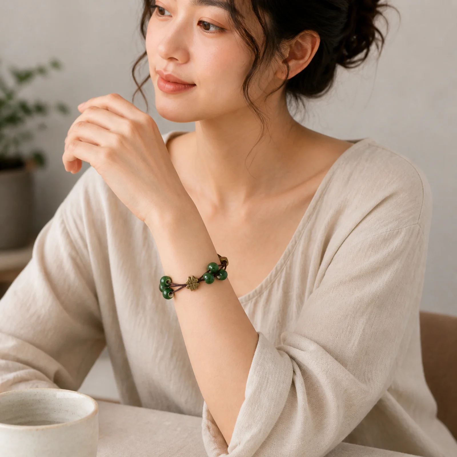 Dark Green Four Leaf Clover Handmade Ceramic Bead Wax Cord Bracelet Handwoven with Metal Accessories 608P13-04