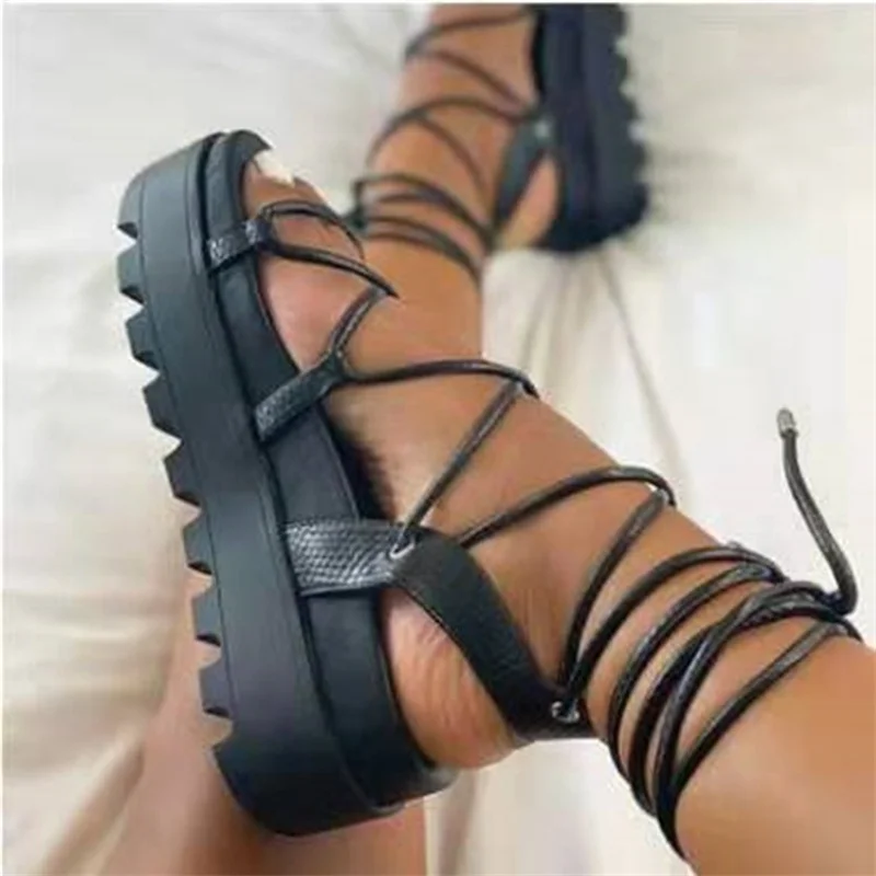 Summer Fashion Sexy Thick Sole Casual Comfortable Sandals Cross Lace Women\'s Round Toe Solid Color Slippers Daily Luxury