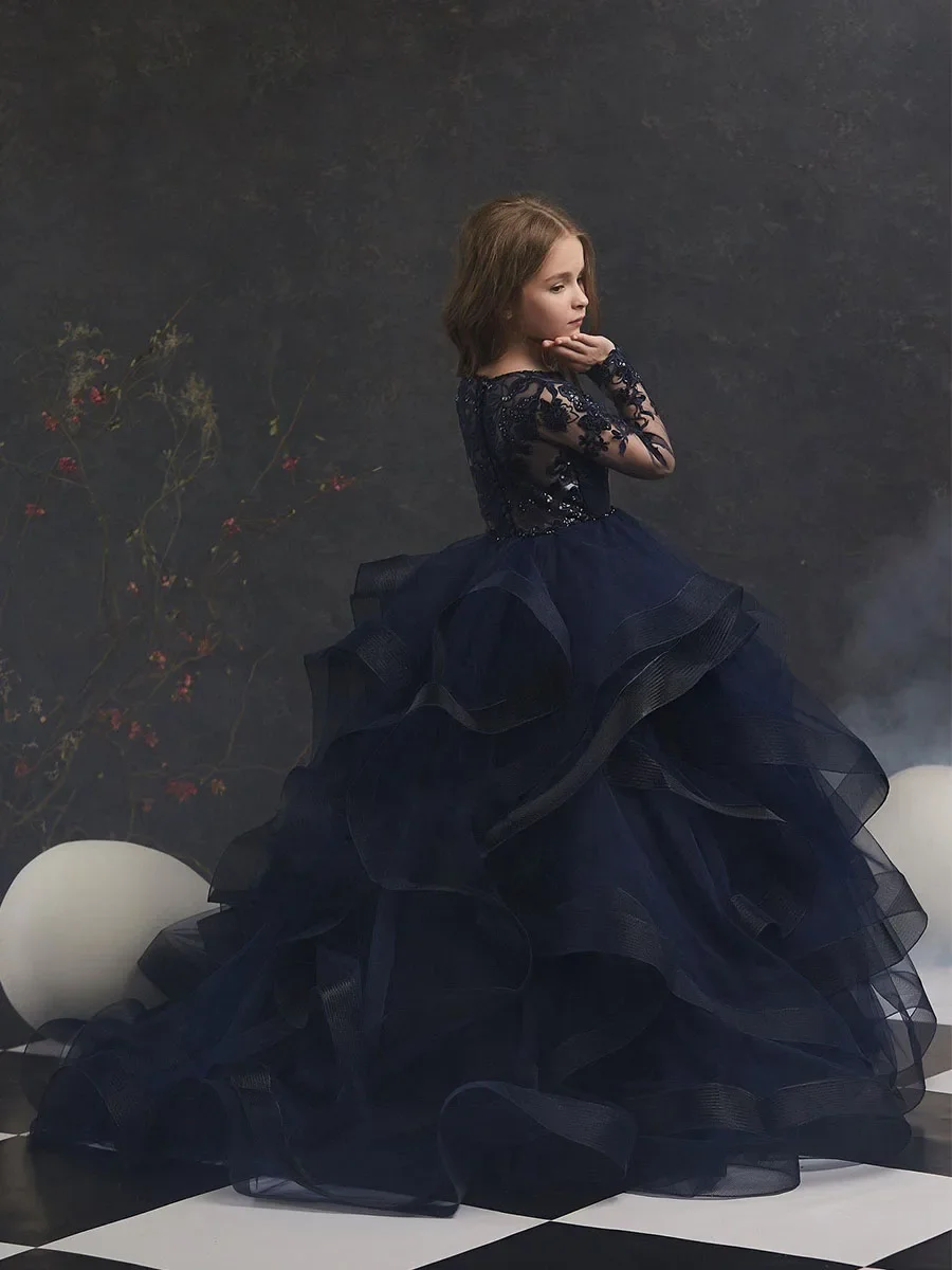 Vestido de tul con flores para niña, vestidos de desfile de princesa de encaje con lentejuelas para boda, vestido de fiesta de cumpleaños de manga larga para niña pequeña