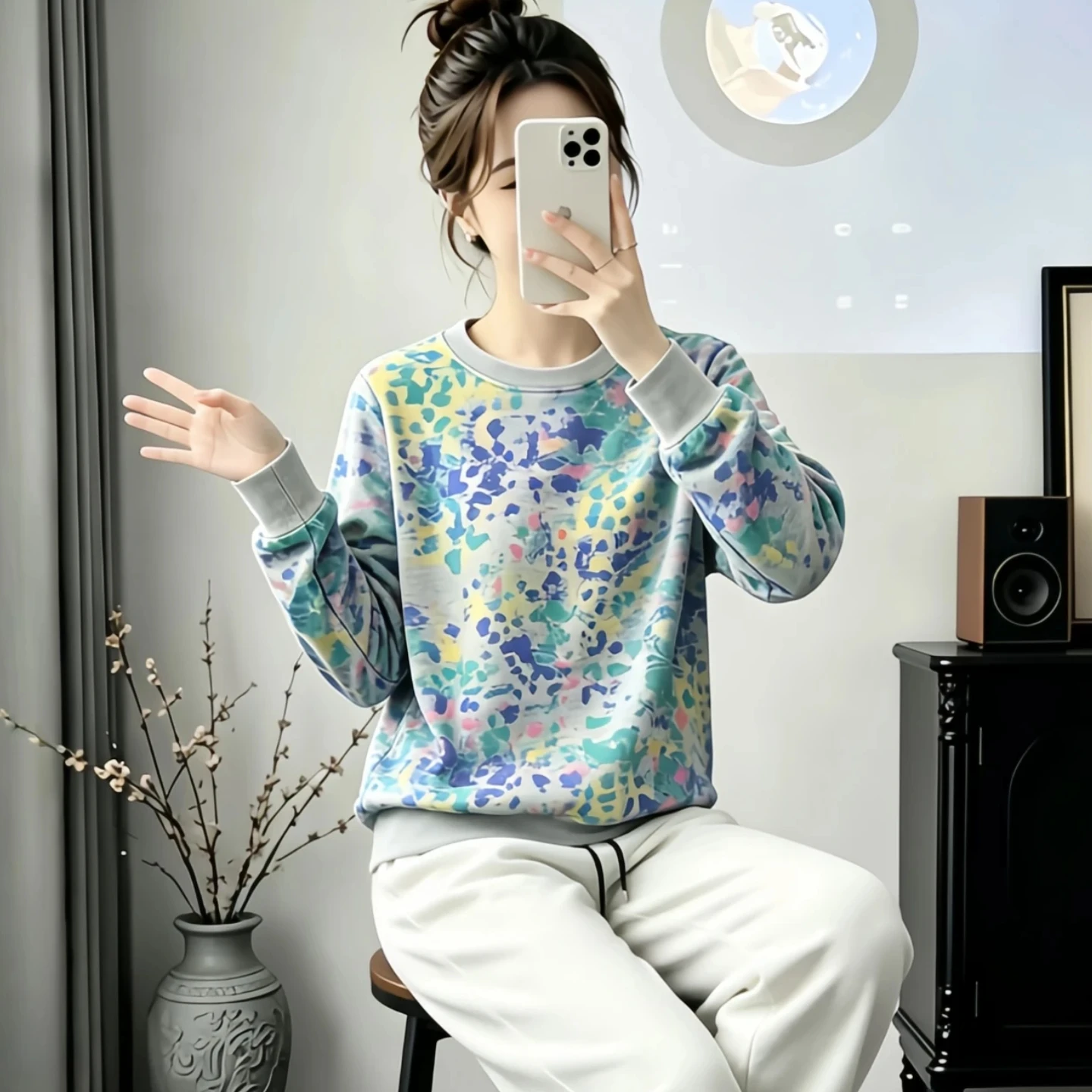  Gradient round Neck Sweatshirt Women's Spring Autumn Loose Long Sleeve Overhead Top 2026 Spring Autumn Versatile Mom...