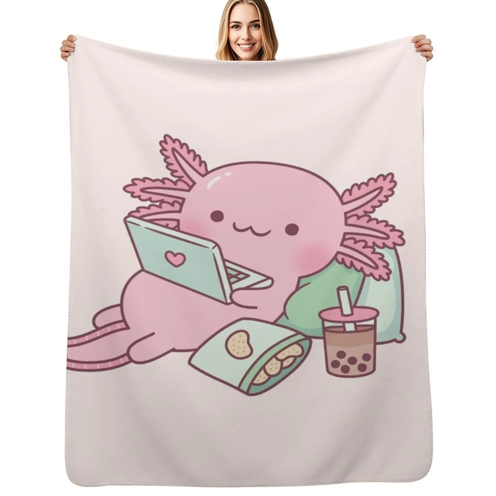 

Cute Chilling Axolotl Throw Blanket Soft Sherpa Fleece Warm Blanket for Winter