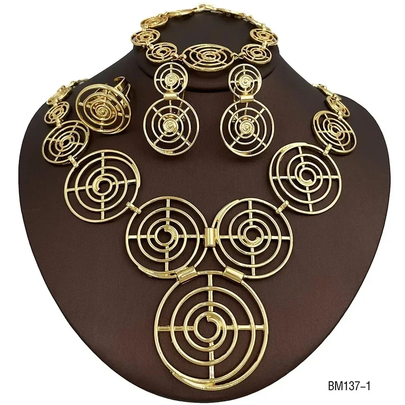 

African Gold Color Big Jewelry Set Classic Design Round Large Necklace Bracelet For Bridal Wedding Jewellery Birthday Gifts