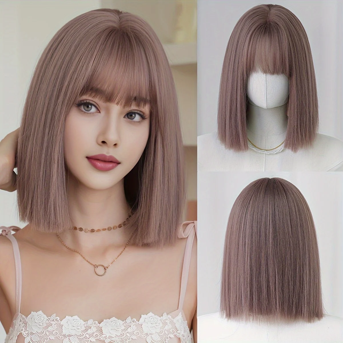 

Женский розово-коричневый элегантный короткий прямой парик-боб длиной 14 дюймов с челкой - термостойкие синтетические волосы высокой плотности