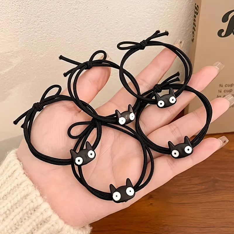 5pcs Cute Little Black Cat Headband Student Girl Tied Ponytail Rubber Band High Elasticity Adjustable Without Damaging Hair Loop