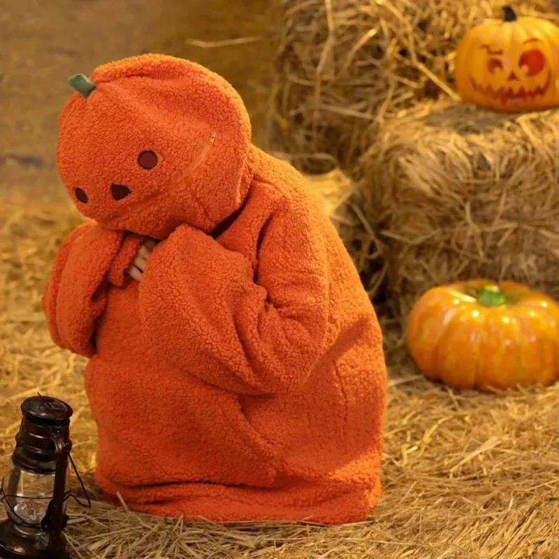 Sweat-shirt d'Halloween Chaud et Mignon avec Tête de Citrouille, Veste en Peluche d'Agneau, Sweat à Capuche Décoré, Vêtements d'Hiver, Automne