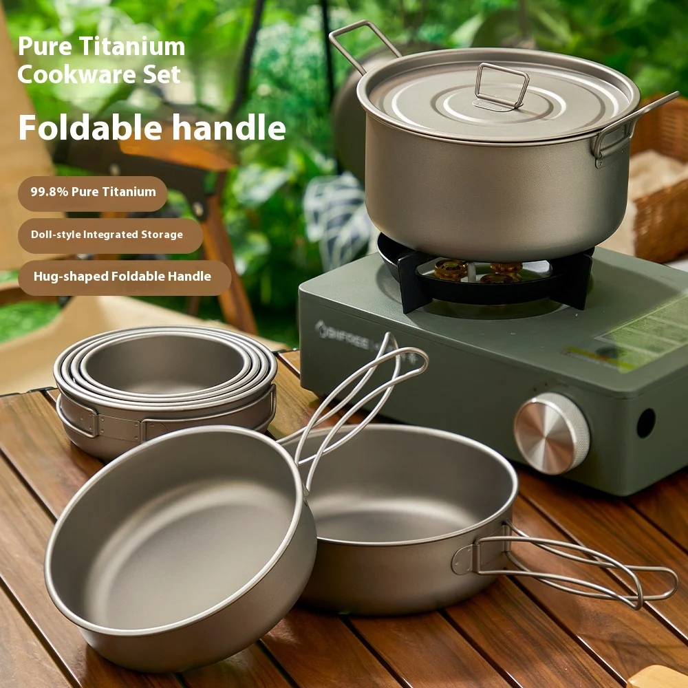

Pure Titanium Outdoor Frying Pan Soup Pot Fried Egg Camping Picnic Cookware Set Supplies