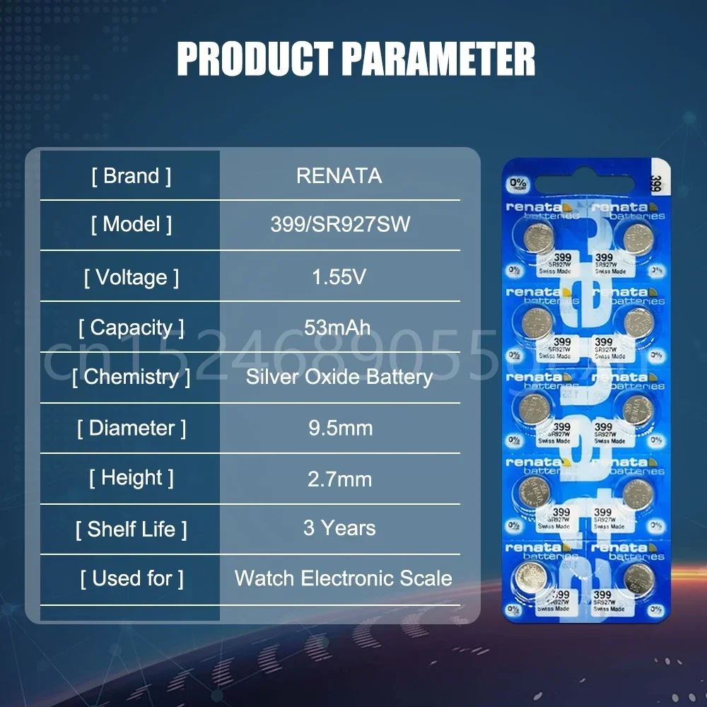 時計用Renata酸化銀電池,ボタンコイン電池,399,sr927sw,ag7,lr927,lr57,sp395,lr927w,1.55v,オリジナル,100%