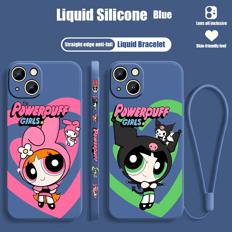 حبل سائل فاخر للفتيات Powerpuff ، Apple iPhone 15 ، 14 ، 13 ، 12 ، 11 ، XS ، XR ، X ، 8 ، 7 ، SE ، Pro Max ، Plus ، Mini ، رجوع