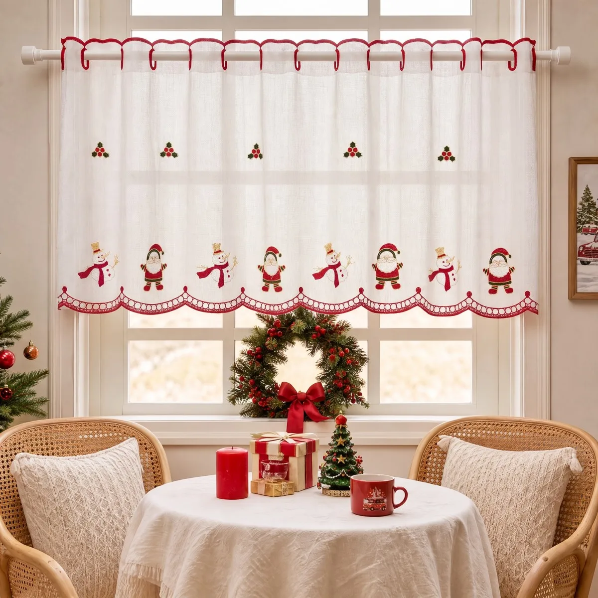 1PC Christmas embroidered window curtain,Santa Claus snowman and holly berry pattern,semi transparent gauze curtain