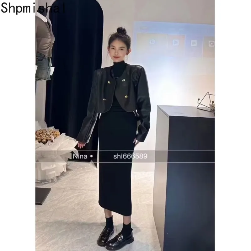 2023 Herfst Koreaanse Mode High-End Retro Stijl Korte Jas Half Hoge Hals Wikkel Heup Lange Jurk Tweedelige Set Vrouwelijke Kleding