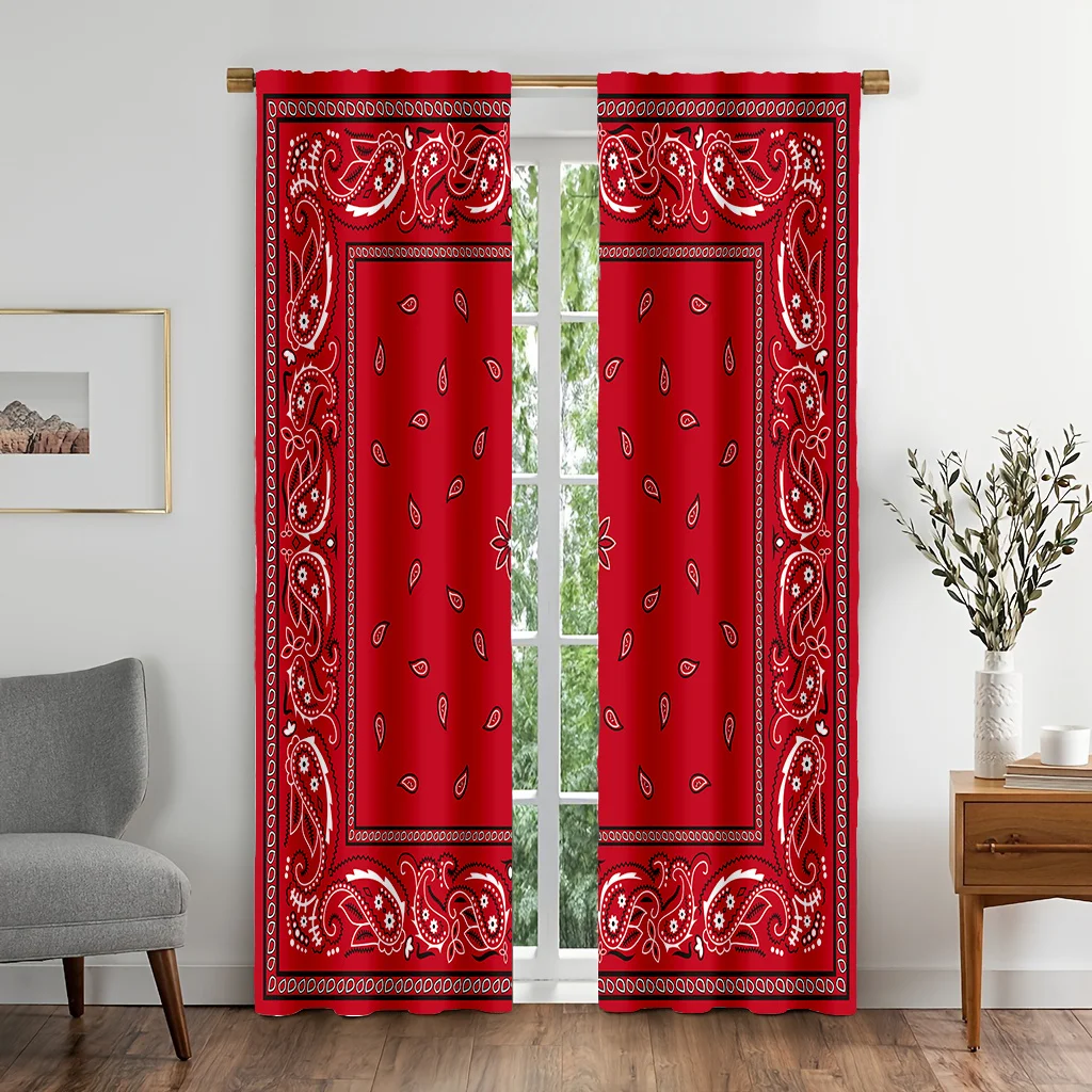 Red Bandana Print Curtains, Western Cowboy Style Paisley Blackout Drapes for Bedroom Living Room, Retro Country Home Decor
