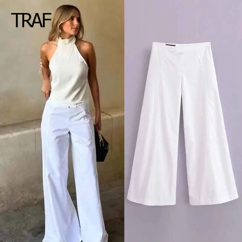 

TRAF Women's Pants Spring Summer 2024 Wide Leg Pant White Mid Waist Baggy Fashion Trousers New In Pants Korean Reviews Many Pant