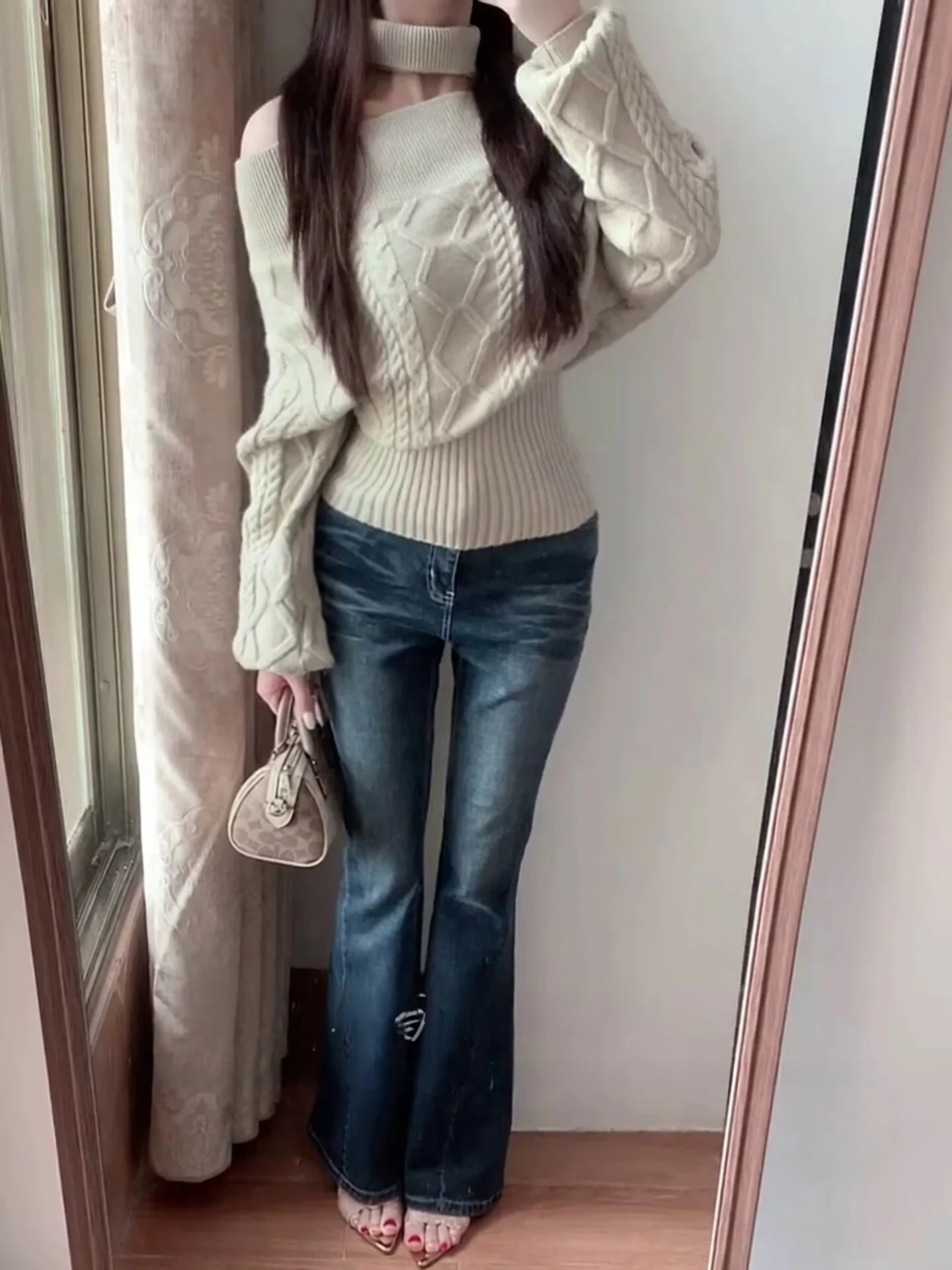 

Retro High Waist Skinny Jeans Women's Autumn Winter Cotton Stretch Denim Bell Bot Design Sense Waed Pattern Slimming Lo...