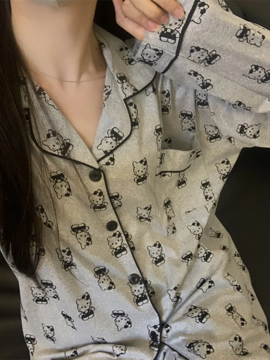 かわいい漫画猫プリント長袖パジャマセット女性のカジュアルホーム服春秋の新スタイル屋外着用可能な綿 1