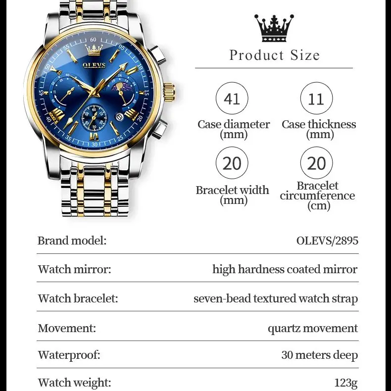 OLEVS 2895 Moon Phase Watch Men Multifunction Date Stainless steel Waterproof Roman Dial Chronograph Quartz Men 's Watches NEW