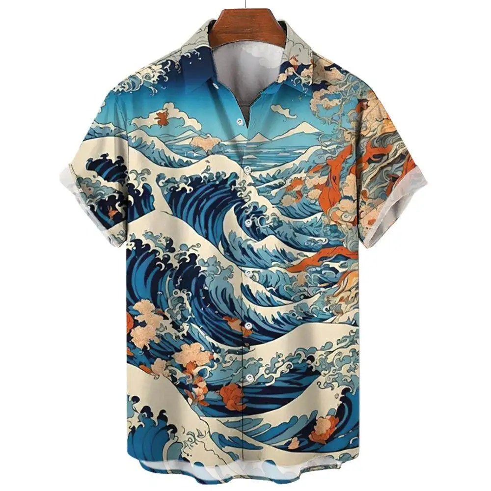 Summer Fashion Sutra of Mountains and Seas Ukiyoe Wave Print Men\'s Short Sleeve Shirts Casual Daily Street Trend Tops Oversized